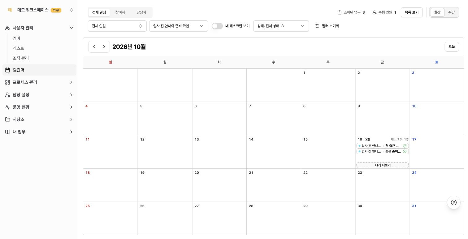 입사 전 안내 프로세스의 완료 업무가 표시된 월간 캘린더