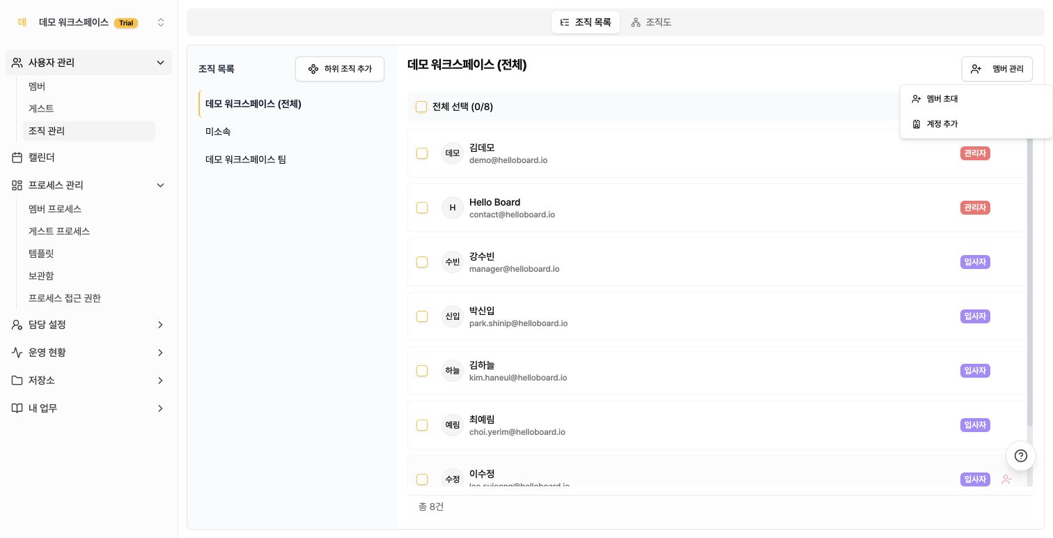 조직 관리의 멤버 관리 메뉴에 있는 멤버 초대와 계정 추가