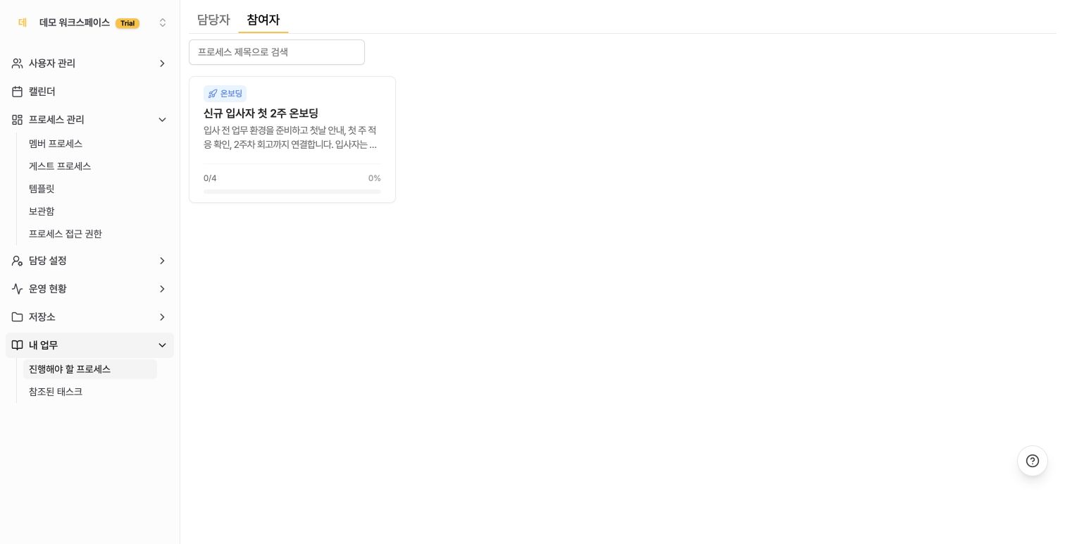 참여자 탭에 표시된 신규 입사자 첫 2주 온보딩